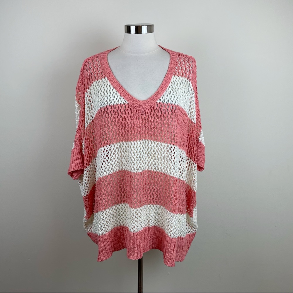 Almost Pink White Stripe Crochet Knit Blouse Top Women Medium